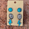 Retro Turquoise Alloy Earrings Three Piece Set With Lightning Pumpkin Flower Design And Electroplating Treatment