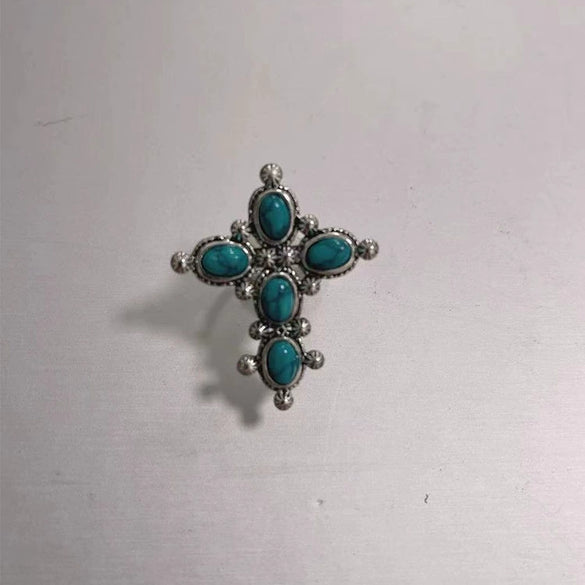 Retro Turquoise Alloy Geometry Ring With Electroplated Light Luxury Style For Women Wedding Engagement Couple Jewelry