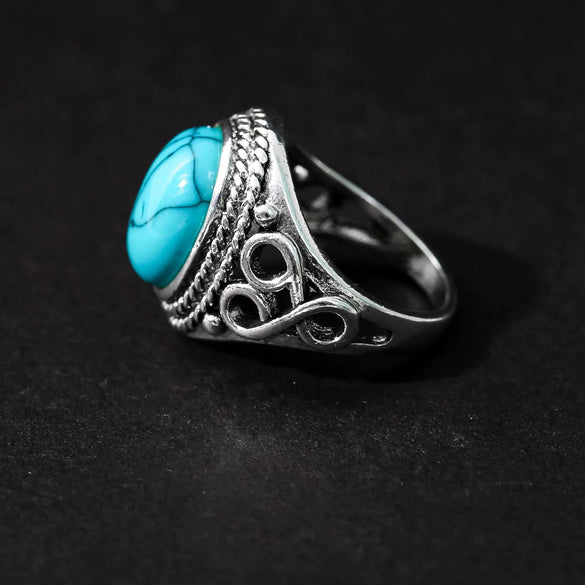Retro Turquoise Alloy Geometry Ring With Electroplated Light Luxury Style For Women Wedding Engagement Couple Jewelry