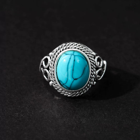 Retro Turquoise Alloy Geometry Ring With Electroplated Light Luxury Style For Women Wedding Engagement Couple Jewelry