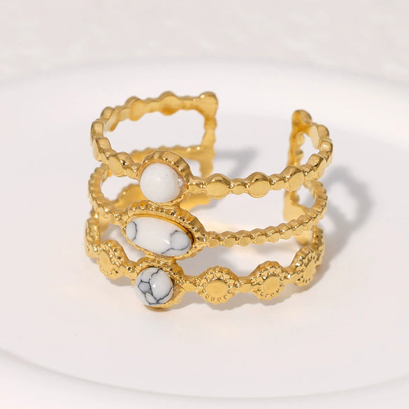 Retro Turquoise Natural Stone Open Female Ring In Titanium Steel With Geometric Pattern And Electroplating Treatment