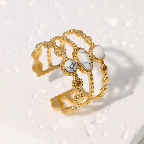 Retro Turquoise Natural Stone Open Female Ring In Titanium Steel With Geometric Pattern And Electroplating Treatment