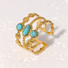 Retro Turquoise Natural Stone Open Female Ring In Titanium Steel With Geometric Pattern And Electroplating Treatment