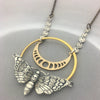 Retro Twining Moonstone Necklace With Dyed Black Feather And Inlaid Turquoise Pendant Moon Skull Moth Design Alloy Material Electroplating Treatment