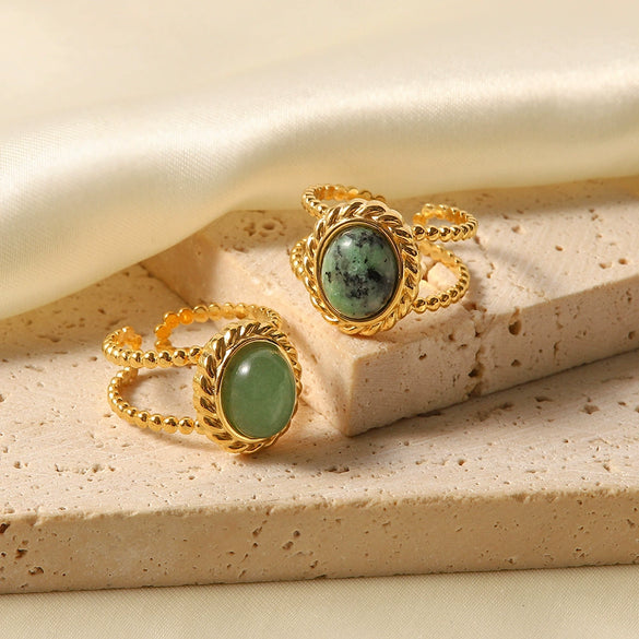 Retro Vintage Style Titanium Steel And Stainless Steel Natural Stone Open Ring For Women With Geometric Design And Precious Stones Setting