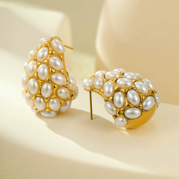 Retro Vintage Style Titanium Steel Dropshaped Pearlinlaid 18K Gold Electroplated Women's Earrings