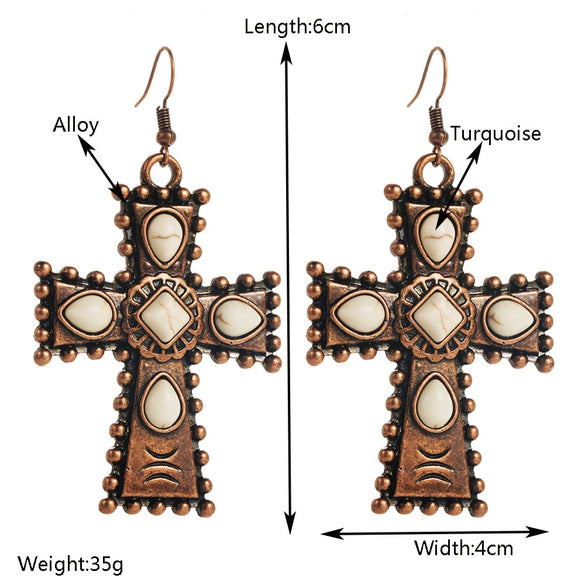 Retro Western Style Alloy Turquoise Geometric Cross Water Drops Earrings For Women