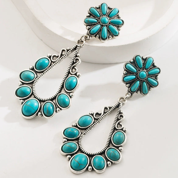 Retro Western Style Alloy Turquoise Geometric Cross Water Drops Earrings For Women