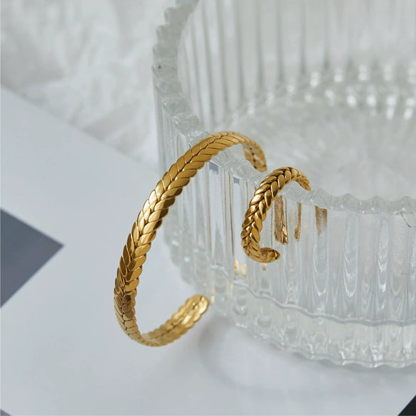 Retro Wheat Ear Texture Adjustable Bracelet Ring Set For Women Titanium Steel Electroplated With Gold