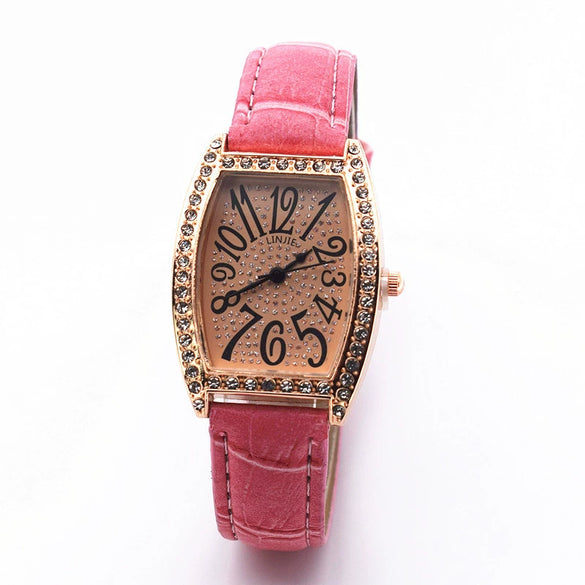 Retro Wine Barrel Rhinestone Quartz Watch With Bamboo Pattern Alloy Belt For Women