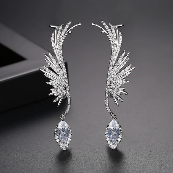Retro Women's Copper Feather Drop Earrings With Zircon Inlay Elegant Electroplated Earrings For Banquet