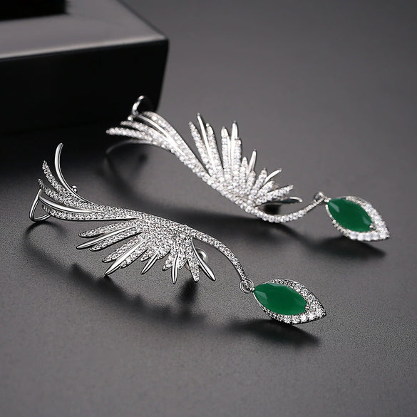 Retro Women's Copper Feather Drop Earrings With Zircon Inlay Elegant Electroplated Earrings For Banquet
