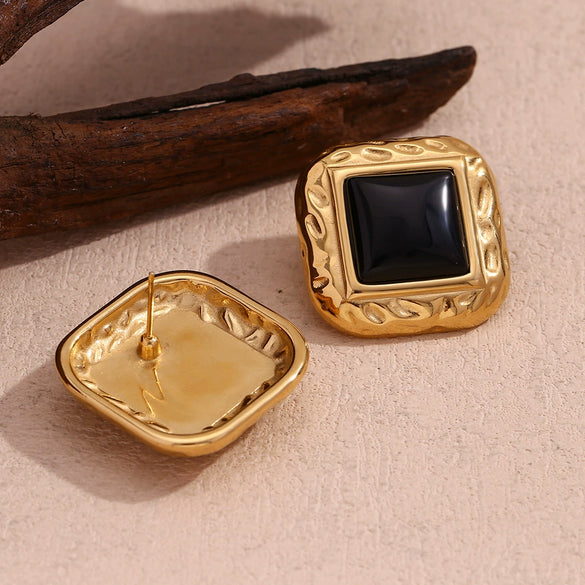 Retro Women's Square Black Acrylic Earrings Stainless Steel 18K Gold Plated With Classic Hammer Pattern And Electroplating Treatment