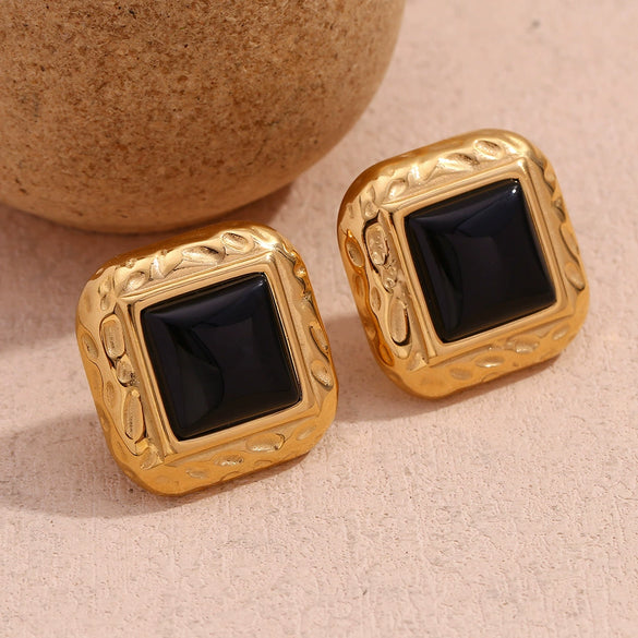 Retro Women's Square Black Acrylic Earrings Stainless Steel 18K Gold Plated With Classic Hammer Pattern And Electroplating Treatment