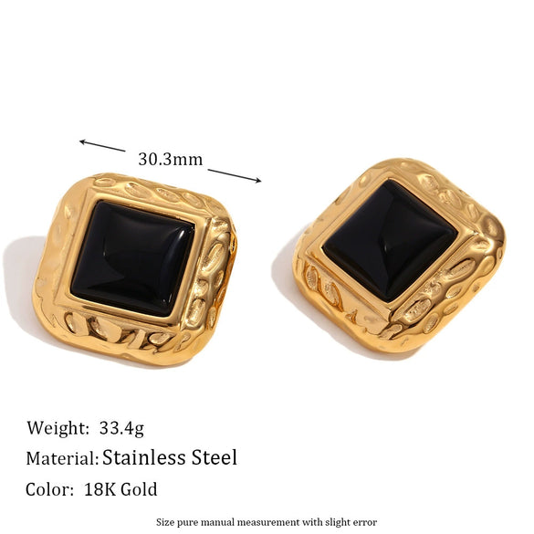 Retro Women's Square Black Acrylic Earrings Stainless Steel 18K Gold Plated With Classic Hammer Pattern And Electroplating Treatment