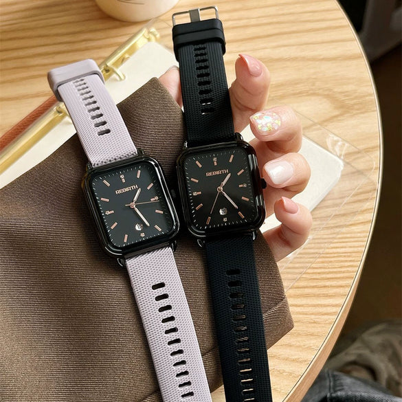 Retro Women's Watch Silicone Strap Alloy Case Square Dial Stainless Steel Buckle