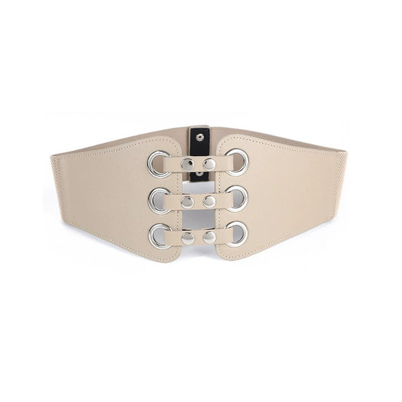 Retro Women's Wide Waist Elastic Belt In Imitation Leather With Hollow Rivet Decorations