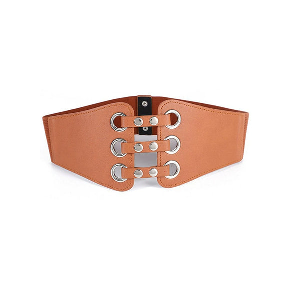 Retro Women's Wide Waist Elastic Belt In Imitation Leather With Hollow Rivet Decorations
