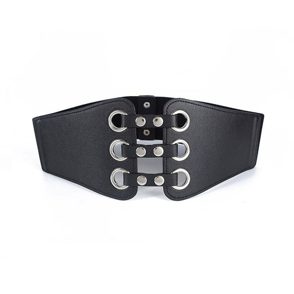 Retro Women's Wide Waist Elastic Belt In Imitation Leather With Hollow Rivet Decorations
