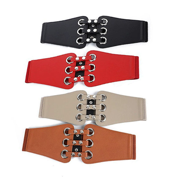 Retro Women's Wide Waist Elastic Belt In Imitation Leather With Hollow Rivet Decorations