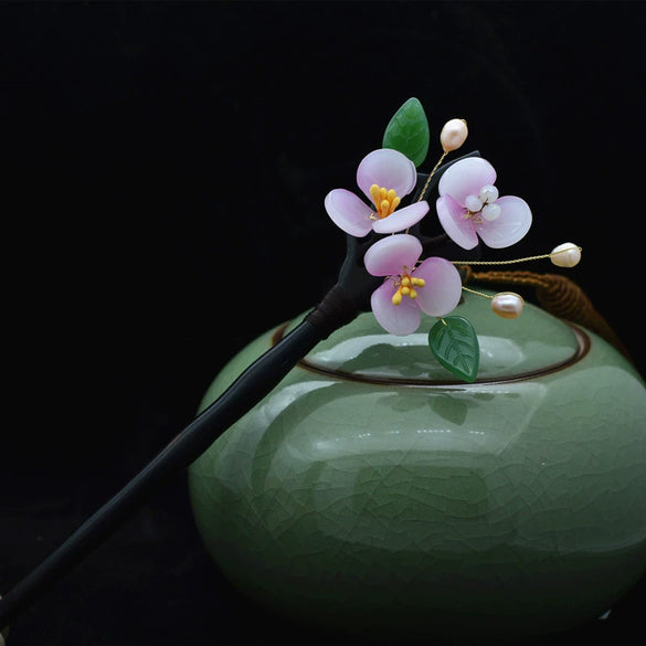 Retro Women's Wooden Hairpin With Hosta And Flower Pattern For Hanfu Headwear Accessories