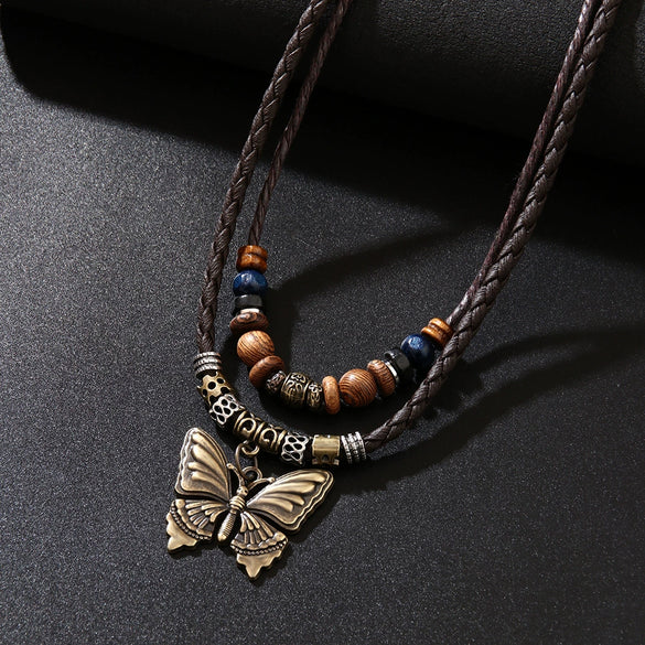 Retro Wooden Bead And Leather Chain Necklace With Butterfly Metal Pendant In Insect Pattern Zinc Alloy And Alloy Material Electroplating Process Unisex