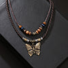 Retro Wooden Bead And Leather Chain Necklace With Butterfly Metal Pendant In Insect Pattern Zinc Alloy And Alloy Material Electroplating Process Unisex