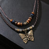 Retro Wooden Bead And Leather Chain Necklace With Butterfly Metal Pendant In Insect Pattern Zinc Alloy And Alloy Material Electroplating Process Unisex