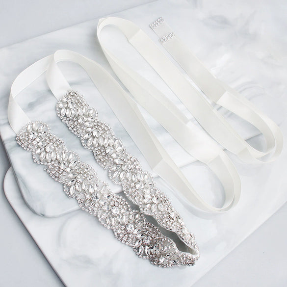 Ribbon Bridal Wedding Belt With Hand Sewn Rhinestone Flower Pattern Woven Waist Sash For Wedding Dresses