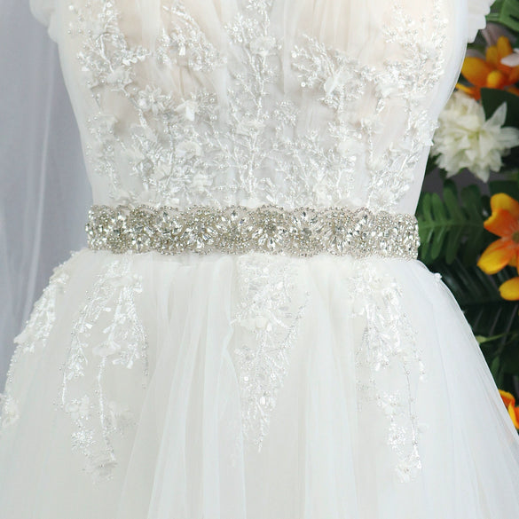 Ribbon Bridal Wedding Belt With Hand Sewn Rhinestone Flower Pattern Woven Waist Sash For Wedding Dresses