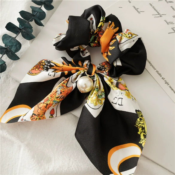 Ribbon Hair Ring Pearl Waist Tie Cloth Ring Large Bowel Rabbit Ear Style High Elasticity Seiko Fabric