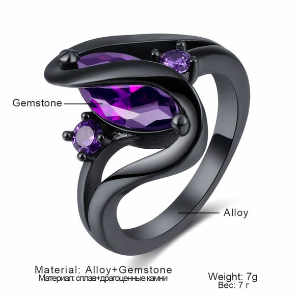 Ring Alloy Geometric Black Gold Amethyst Diamond