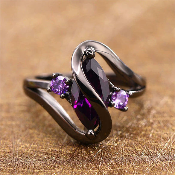 Ring Alloy Geometric Black Gold Amethyst Diamond