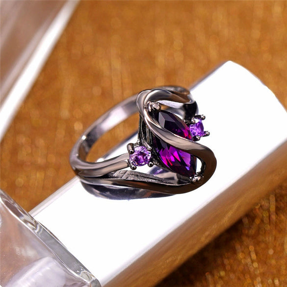 Ring Alloy Geometric Black Gold Amethyst Diamond