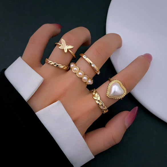 Ring Alloy Heart Retro Butterfly Pearl Joint Electroplating Unisex Set