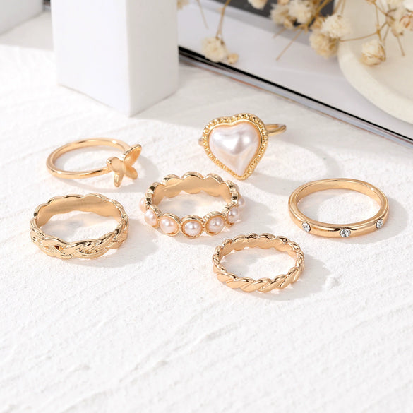 Ring Alloy Heart Retro Butterfly Pearl Joint Electroplating Unisex Set