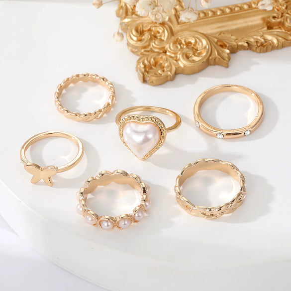 Ring Alloy Heart Retro Butterfly Pearl Joint Electroplating Unisex Set