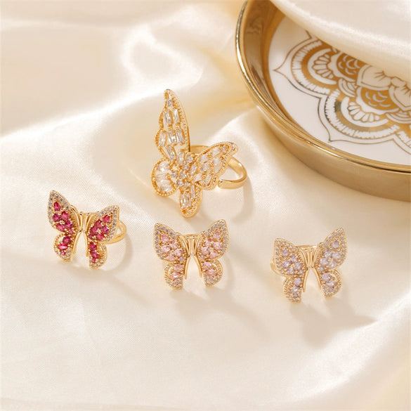 Ring Butterfly Pearl Zircon Open Girl's Light Luxury Finger Ring With Animal Pattern