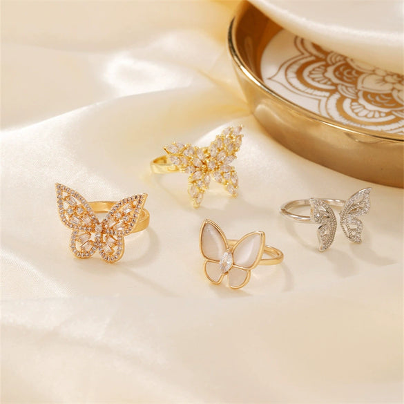 Ring Butterfly Pearl Zircon Open Girl's Light Luxury Finger Ring With Animal Pattern