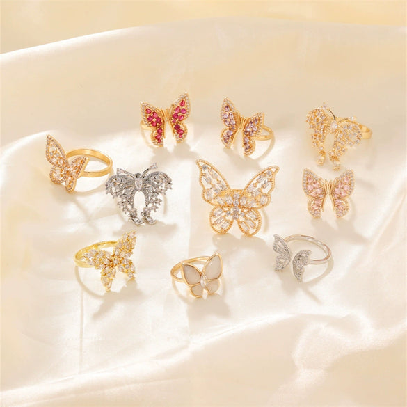Ring Butterfly Pearl Zircon Open Girl's Light Luxury Finger Ring With Animal Pattern