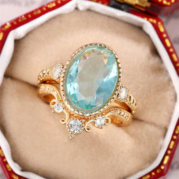 Ring Copper Blue Oval Zircon Set Geometric Style Women's