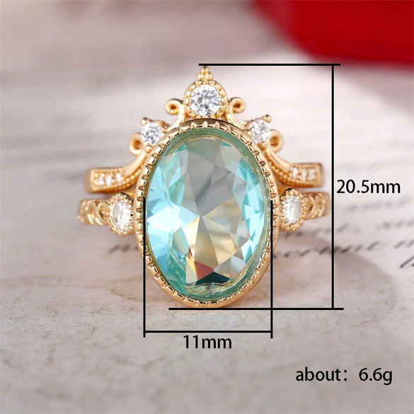 Ring Copper Blue Oval Zircon Set Geometric Style Women's