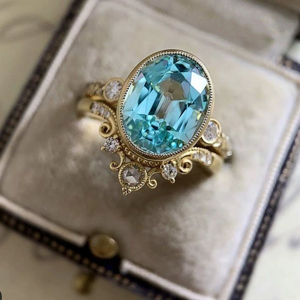 Ring Copper Blue Oval Zircon Set Geometric Style Women's