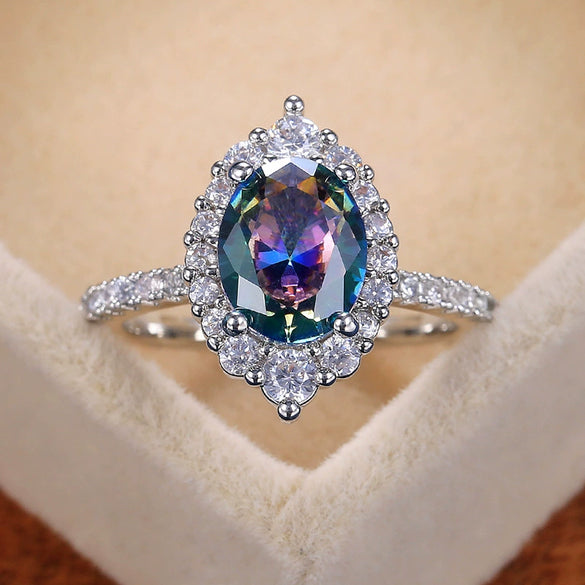 Ring Copper Four Claw Inlaid Color Zircon Geometric Women's