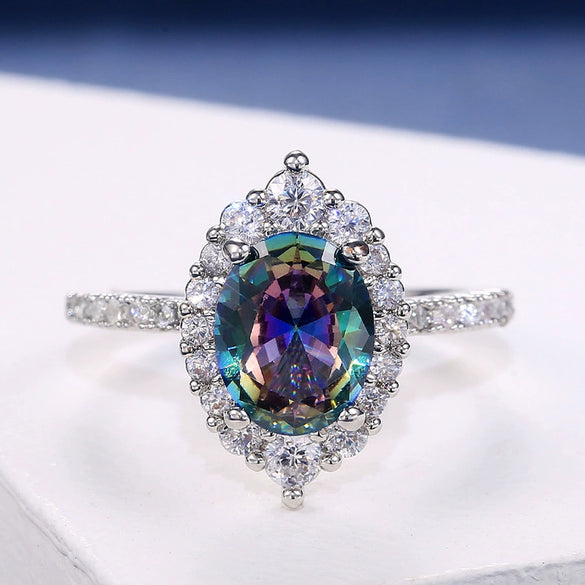 Ring Copper Four Claw Inlaid Color Zircon Geometric Women's