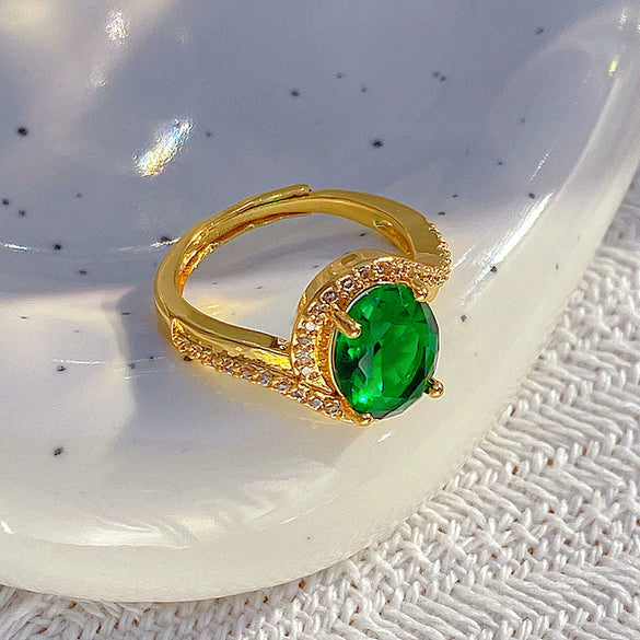 Ring Copper Geometric Diamondencrusted Emerald Electroplating Women's Fashion Opening Adjustable Jewelry