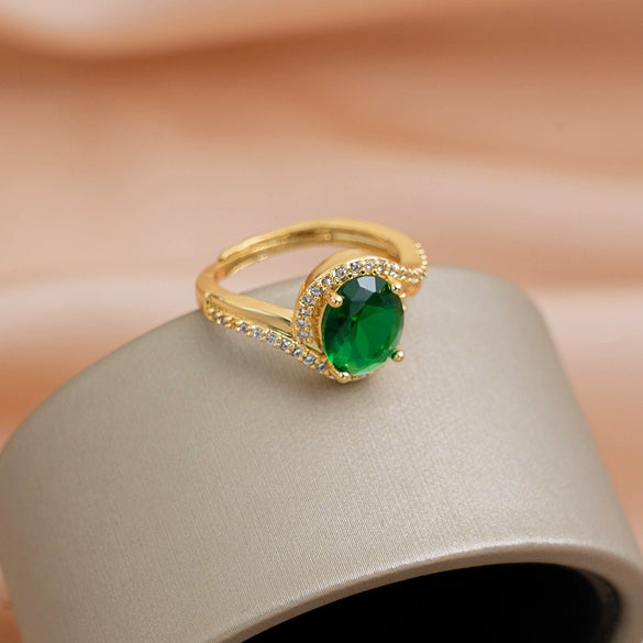 Ring Copper Geometric Diamondencrusted Emerald Electroplating Women's Fashion Opening Adjustable Jewelry