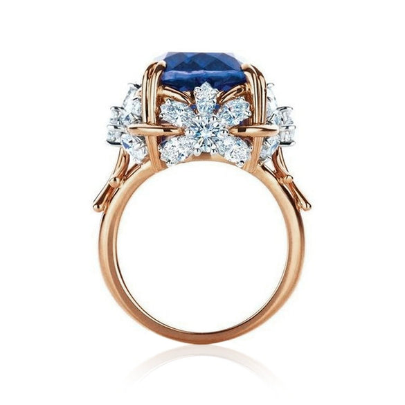 Ring Copper Inlaid Sapphire Zircon Flowers Jewelry For Women