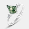 Ring Geometric Natural Green Moss Stone S925 Silver Inlaid Aquatic Agate Open Retro Style
