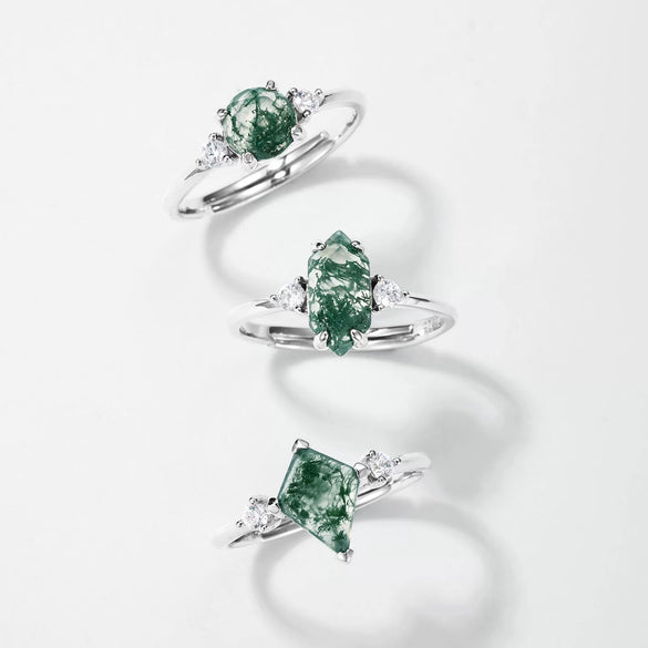 Ring Geometric Natural Green Moss Stone S925 Silver Inlaid Aquatic Agate Open Retro Style